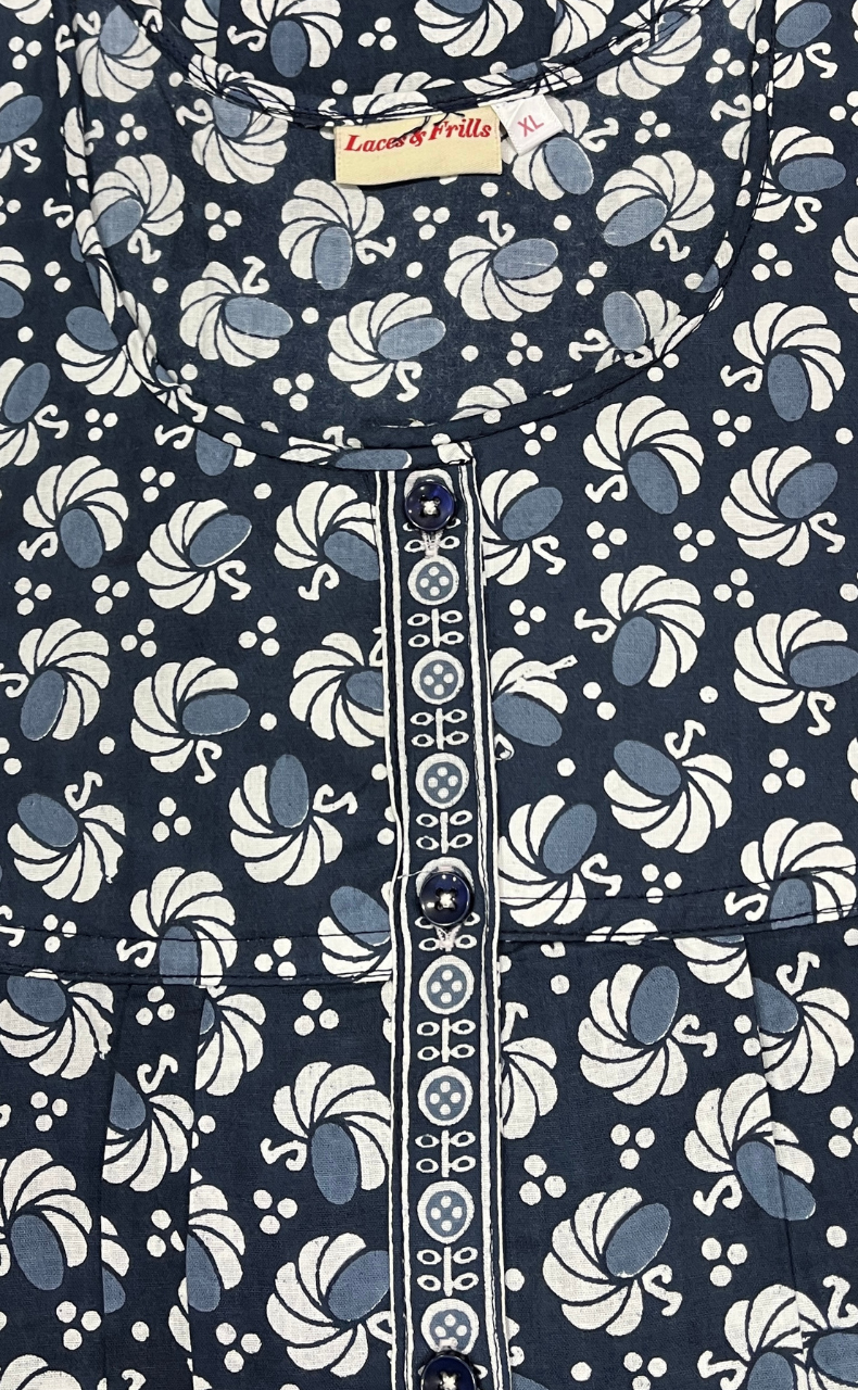 Grey Floral Full Open Pure Cotton Nighty. Pure Cotton | Laces and Frills - Laces and Frills