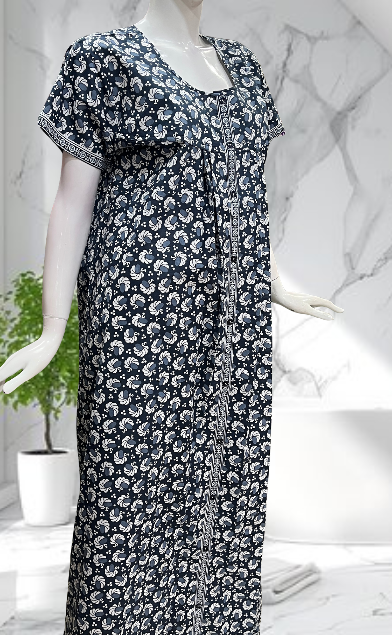 Grey Floral Full Open Pure Cotton Nighty. Pure Cotton | Laces and Frills - Laces and Frills