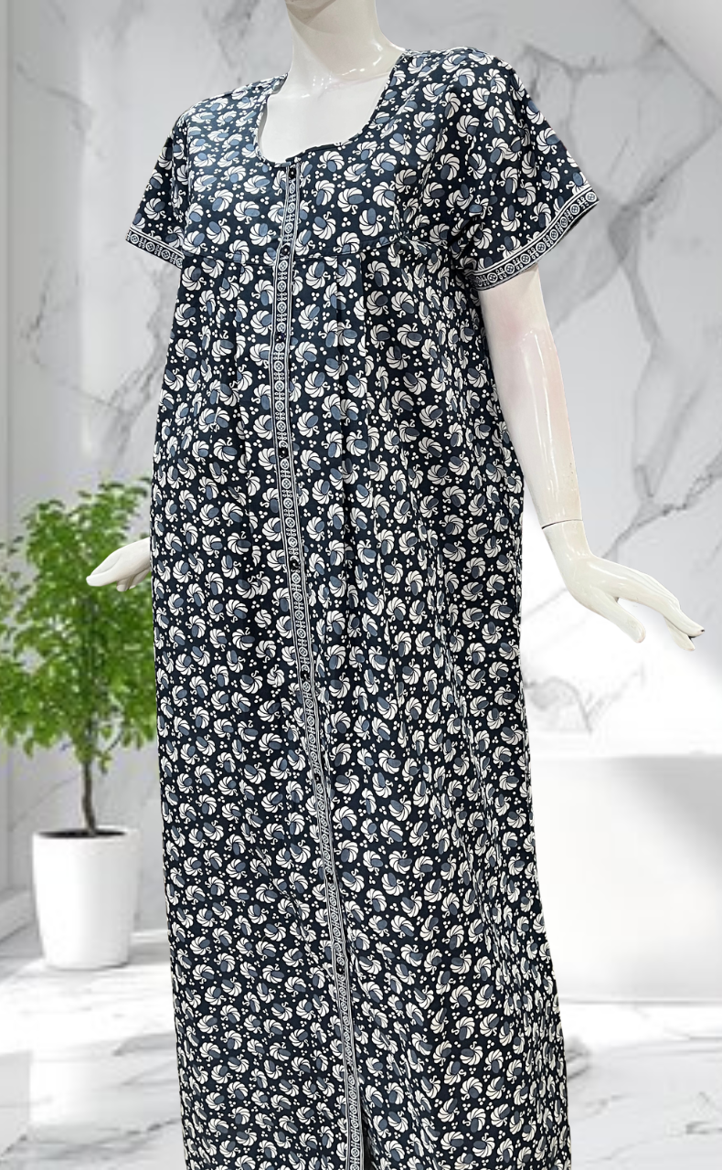 Grey Floral Full Open Pure Cotton Nighty. Pure Cotton | Laces and Frills - Laces and Frills