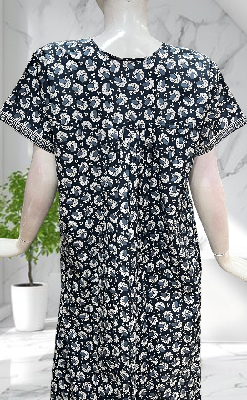 Grey Floral Full Open Pure Cotton Nighty. Pure Cotton | Laces and Frills - Laces and Frills