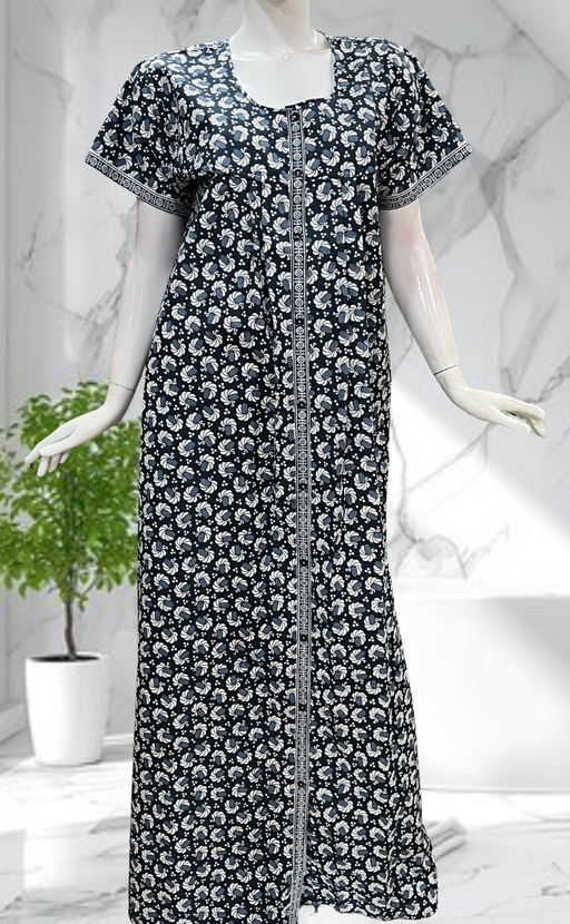 Grey Floral Full Open Pure Cotton Nighty. Pure Cotton | Laces and Frills - Laces and Frills