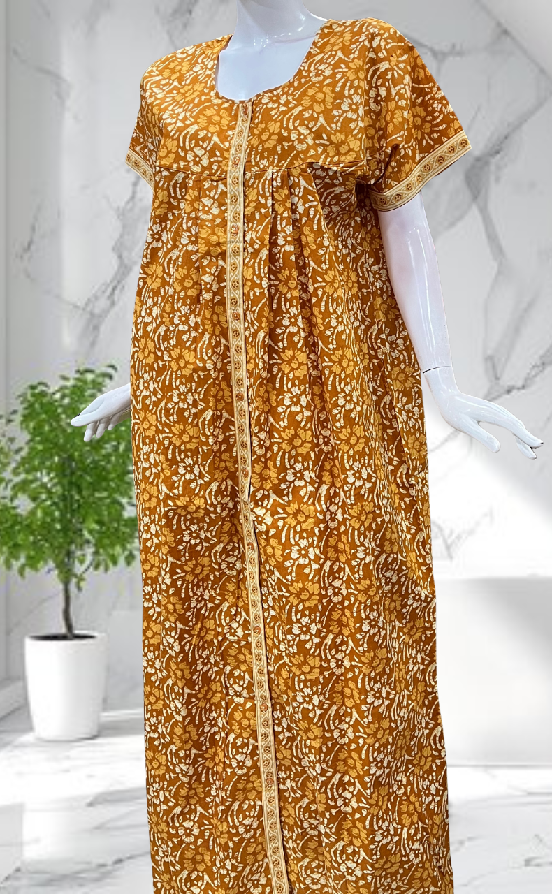 Mustard Floral Full Open Pure Cotton Nighty. Pure Cotton | Laces and Frills - Laces and Frills