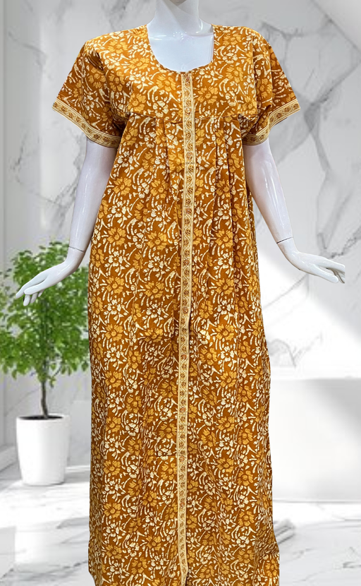 Mustard Floral Full Open Pure Cotton Nighty. Pure Cotton | Laces and Frills - Laces and Frills