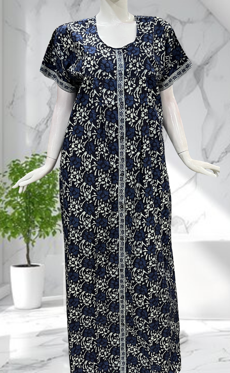 Blue Floral Full Open Pure Cotton Nighty. Pure Cotton | Laces and Frills - Laces and Frills