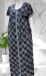 Blue Floral Full Open Pure Cotton Nighty. Pure Cotton | Laces and Frills - Laces and Frills