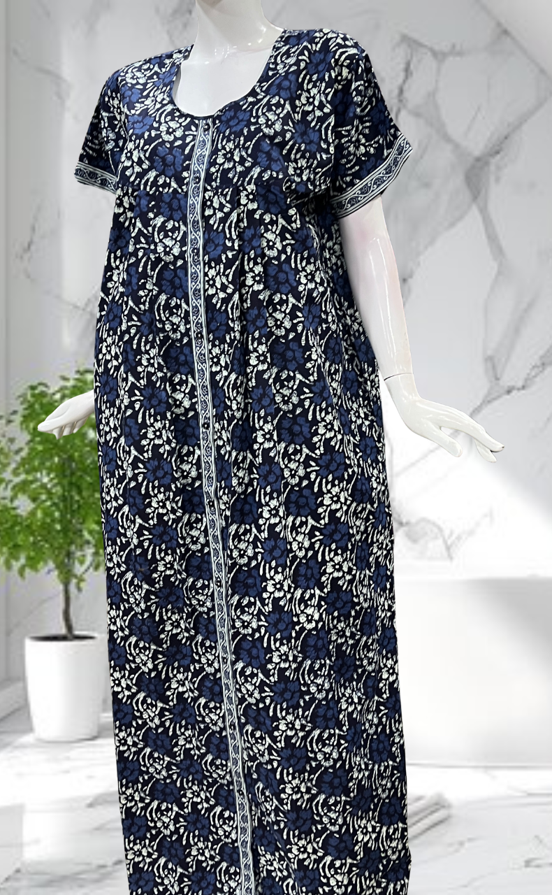 Blue Floral Full Open Pure Cotton Nighty. Pure Cotton | Laces and Frills - Laces and Frills