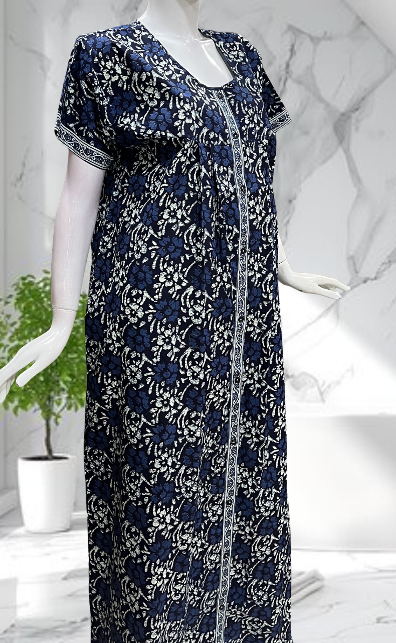 Blue Floral Full Open Pure Cotton Nighty. Pure Cotton | Laces and Frills - Laces and Frills