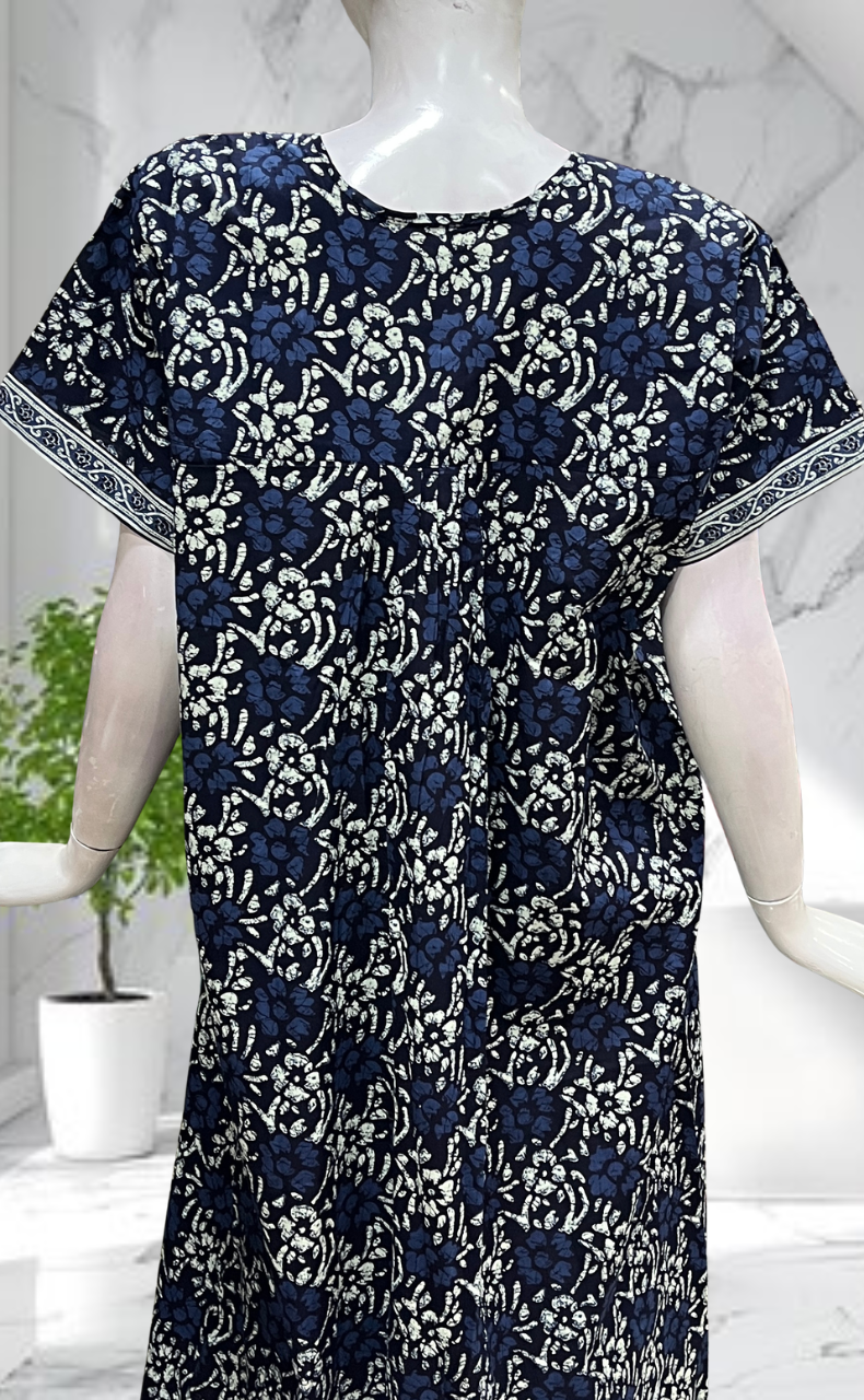 Blue Floral Full Open Pure Cotton Nighty. Pure Cotton | Laces and Frills - Laces and Frills