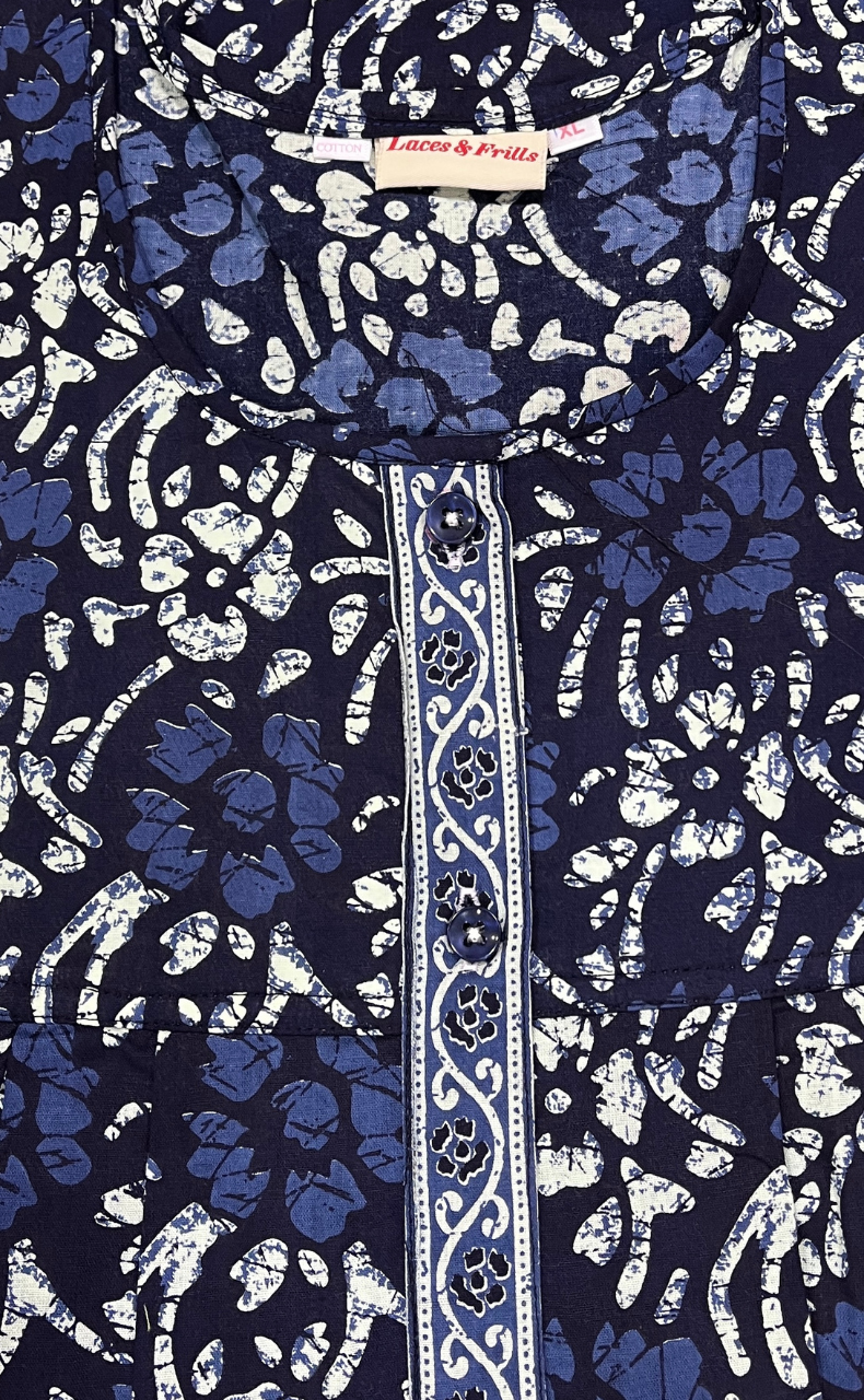 Blue Floral Full Open Pure Cotton Nighty. Pure Cotton | Laces and Frills - Laces and Frills