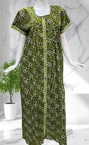 Green Floral Full Open Pure Cotton Nighty. Pure Cotton | Laces and Frills - Laces and Frills