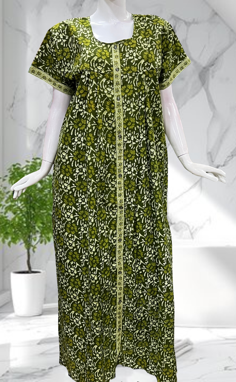 Green Floral Full Open Pure Cotton Nighty. Pure Cotton | Laces and Frills - Laces and Frills