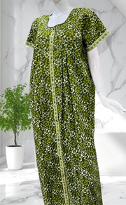Green Floral Full Open Pure Cotton Nighty. Pure Cotton | Laces and Frills - Laces and Frills