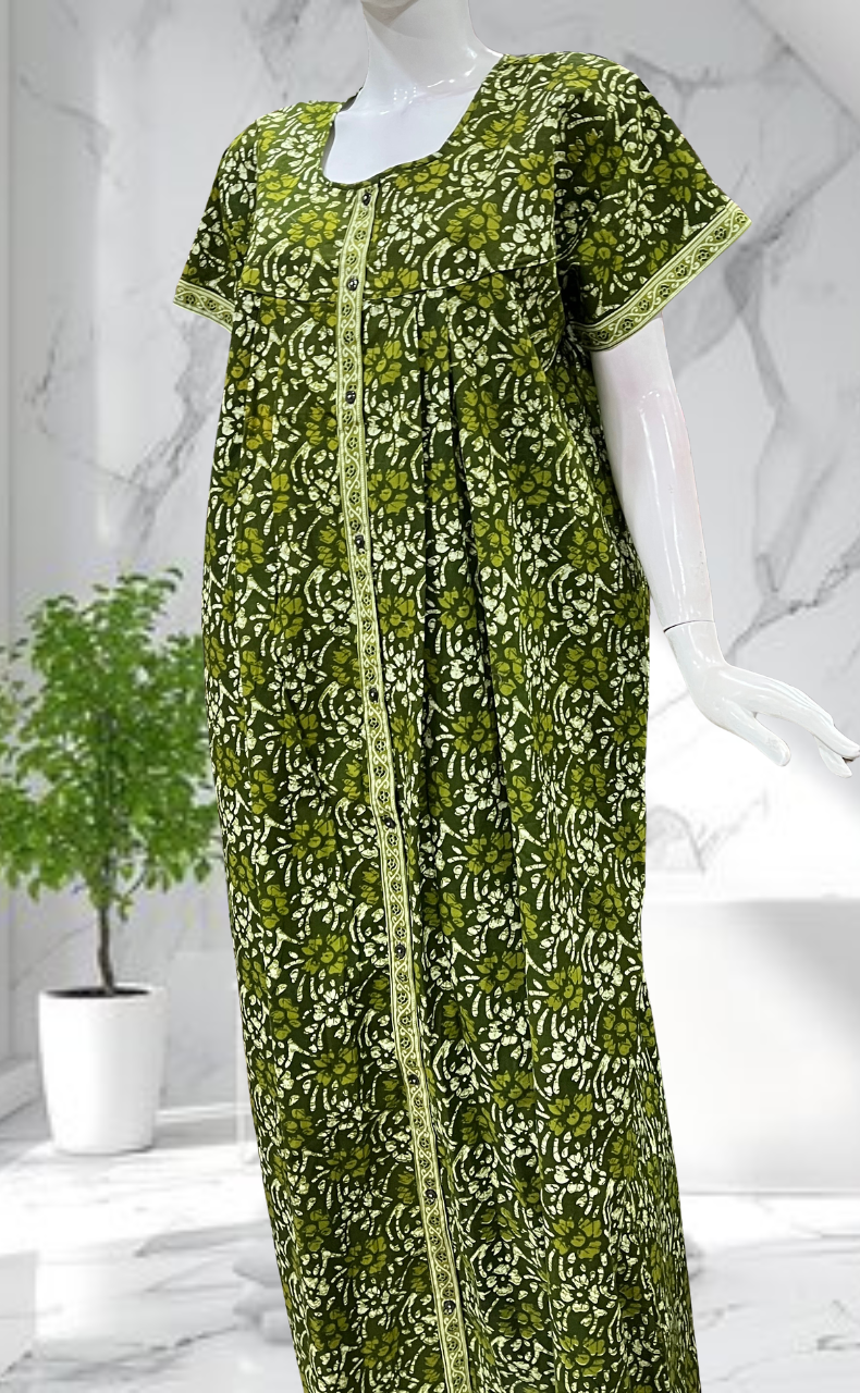 Green Floral Full Open Pure Cotton Nighty. Pure Cotton | Laces and Frills - Laces and Frills