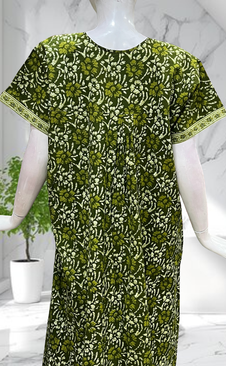 Green Floral Full Open Pure Cotton Nighty. Pure Cotton | Laces and Frills - Laces and Frills