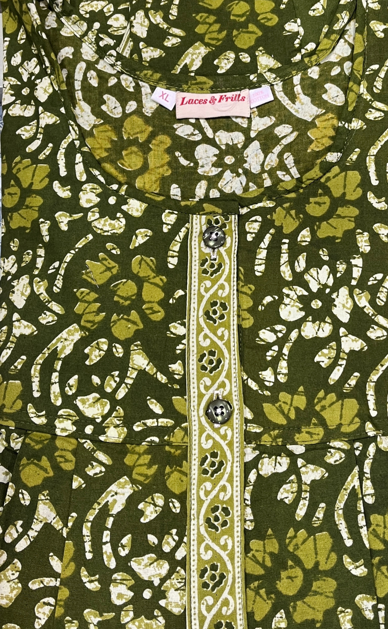 Green Floral Full Open Pure Cotton Nighty. Pure Cotton | Laces and Frills - Laces and Frills