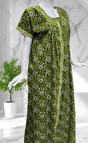 Green Floral Full Open Pure Cotton Nighty. Pure Cotton | Laces and Frills - Laces and Frills
