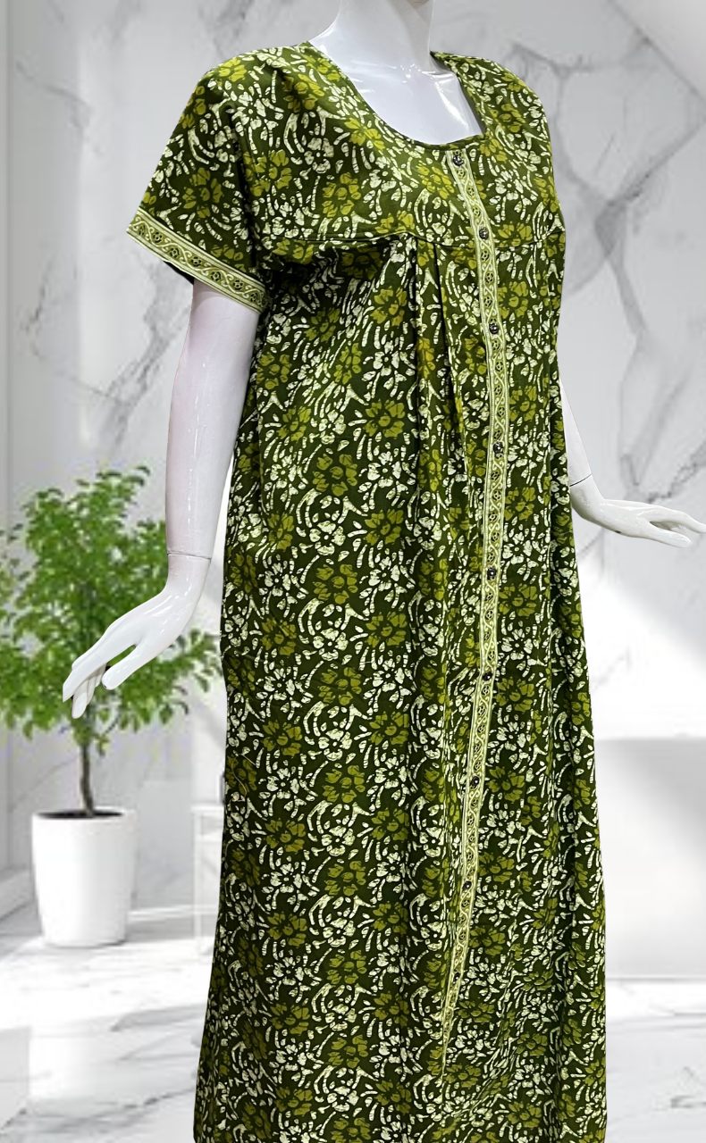 Green Floral Full Open Pure Cotton Nighty. Pure Cotton | Laces and Frills - Laces and Frills