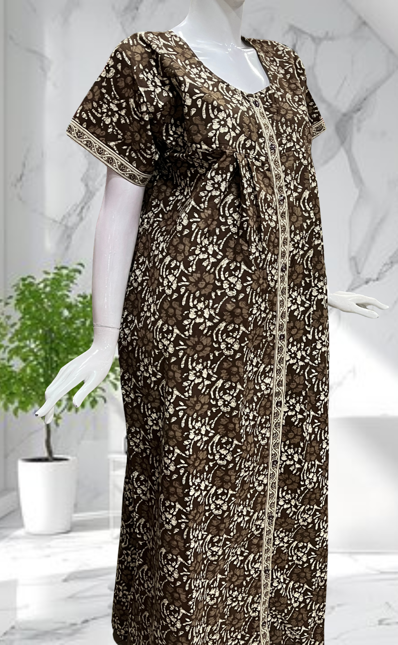 Brown Floral Full Open Pure Cotton Nighty. Pure Cotton | Laces and Frills - Laces and Frills