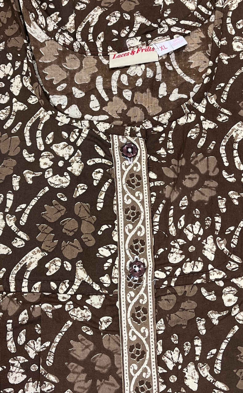 Brown Floral Full Open Pure Cotton Nighty. Pure Cotton | Laces and Frills - Laces and Frills
