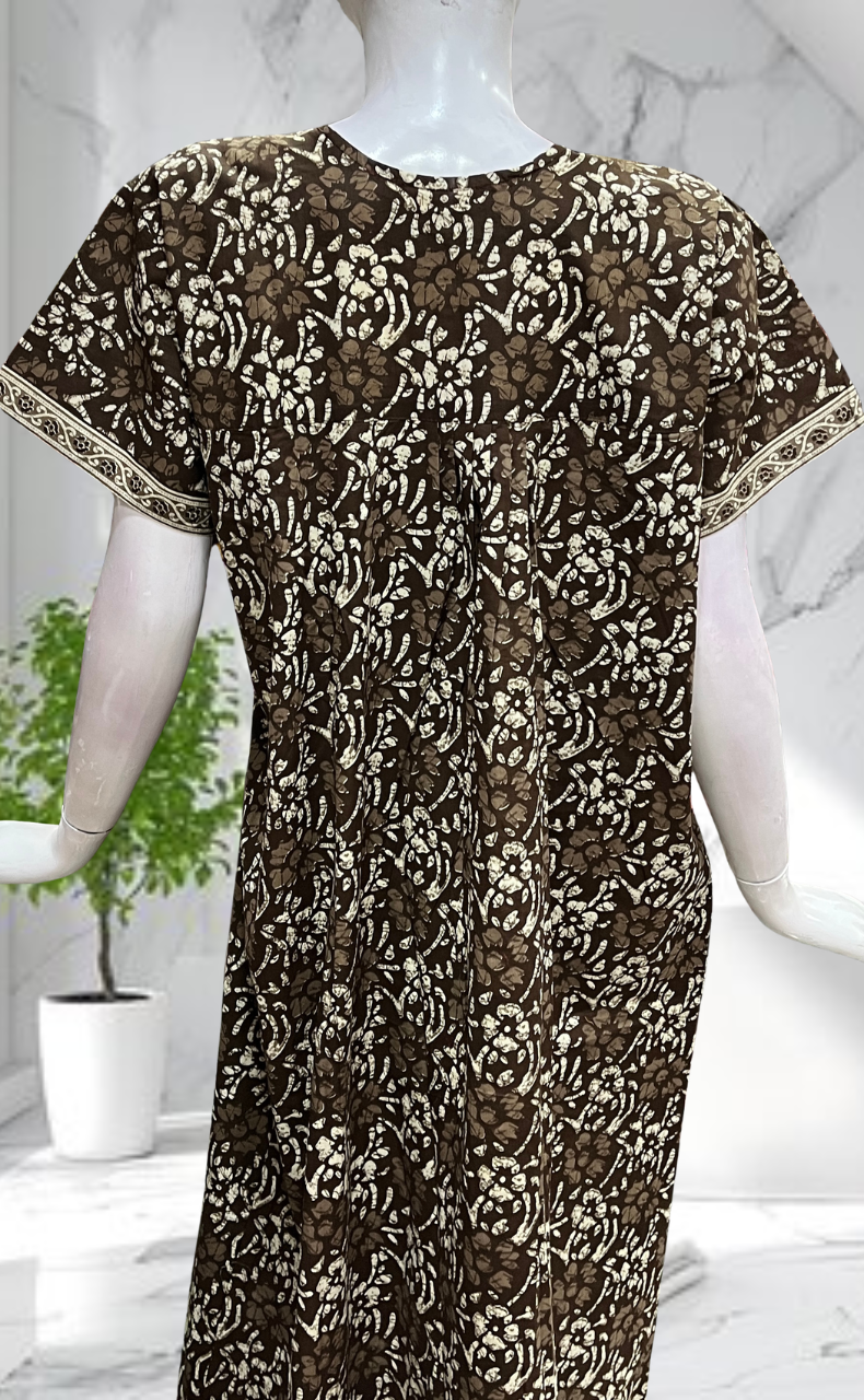 Brown Floral Full Open Pure Cotton Nighty. Pure Cotton | Laces and Frills - Laces and Frills