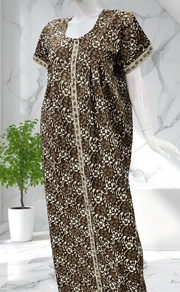 Brown Floral Full Open Pure Cotton Nighty. Pure Cotton | Laces and Frills - Laces and Frills