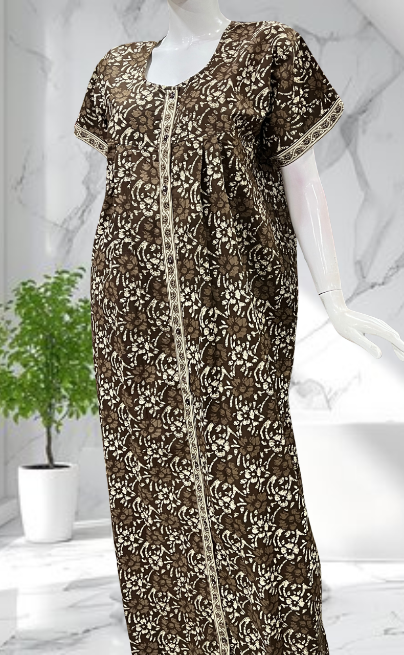 Brown Floral Full Open Pure Cotton Nighty. Pure Cotton | Laces and Frills - Laces and Frills