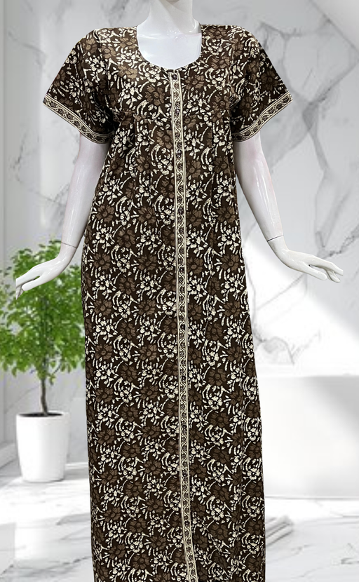 Brown Floral Full Open Pure Cotton Nighty. Pure Cotton | Laces and Frills - Laces and Frills