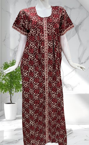 Maroon Floral Full Open Pure Cotton Nighty. Pure Cotton | Laces and Frills - Laces and Frills