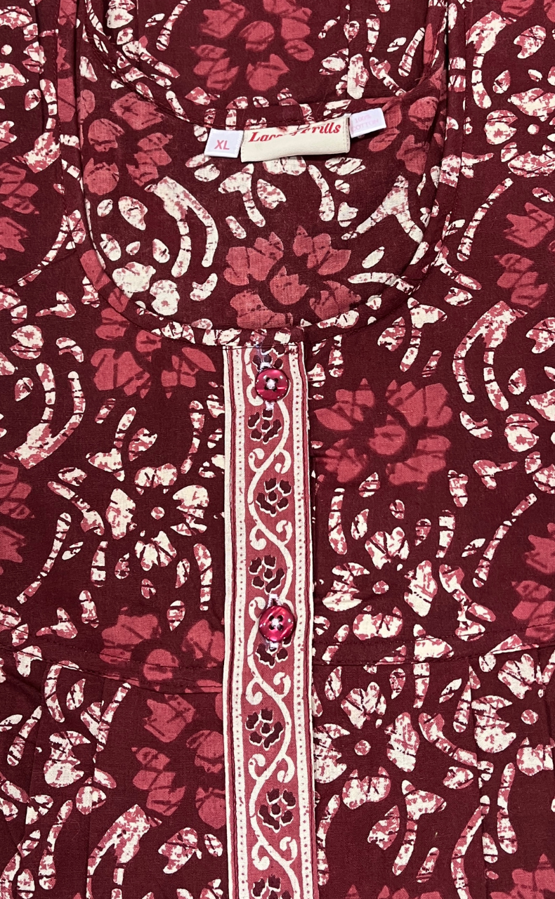 Maroon Floral Full Open Pure Cotton Nighty. Pure Cotton | Laces and Frills - Laces and Frills