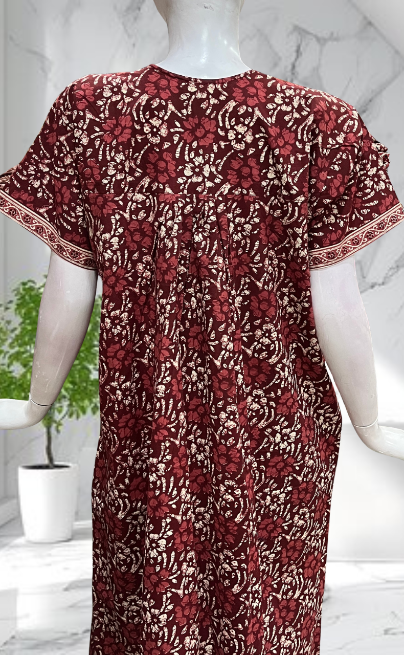 Maroon Floral Full Open Pure Cotton Nighty. Pure Cotton | Laces and Frills - Laces and Frills