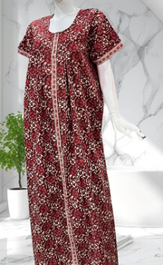 Maroon Floral Full Open Pure Cotton Nighty. Pure Cotton | Laces and Frills - Laces and Frills