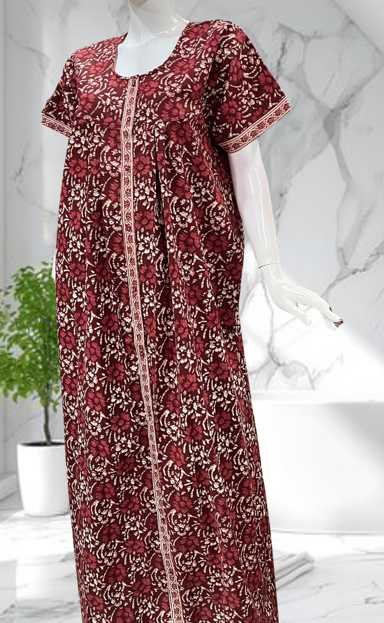 Maroon Floral Full Open Pure Cotton Nighty. Pure Cotton | Laces and Frills - Laces and Frills