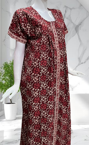 Maroon Floral Full Open Pure Cotton Nighty. Pure Cotton | Laces and Frills - Laces and Frills