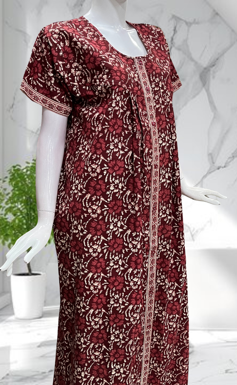 Maroon Floral Full Open Pure Cotton Nighty. Pure Cotton | Laces and Frills - Laces and Frills