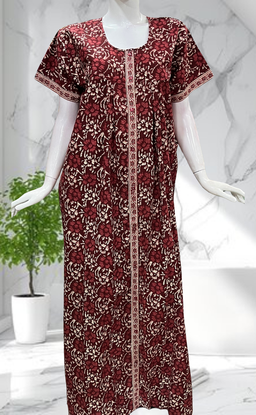 Maroon Floral Full Open Pure Cotton Nighty. Pure Cotton | Laces and Frills - Laces and Frills