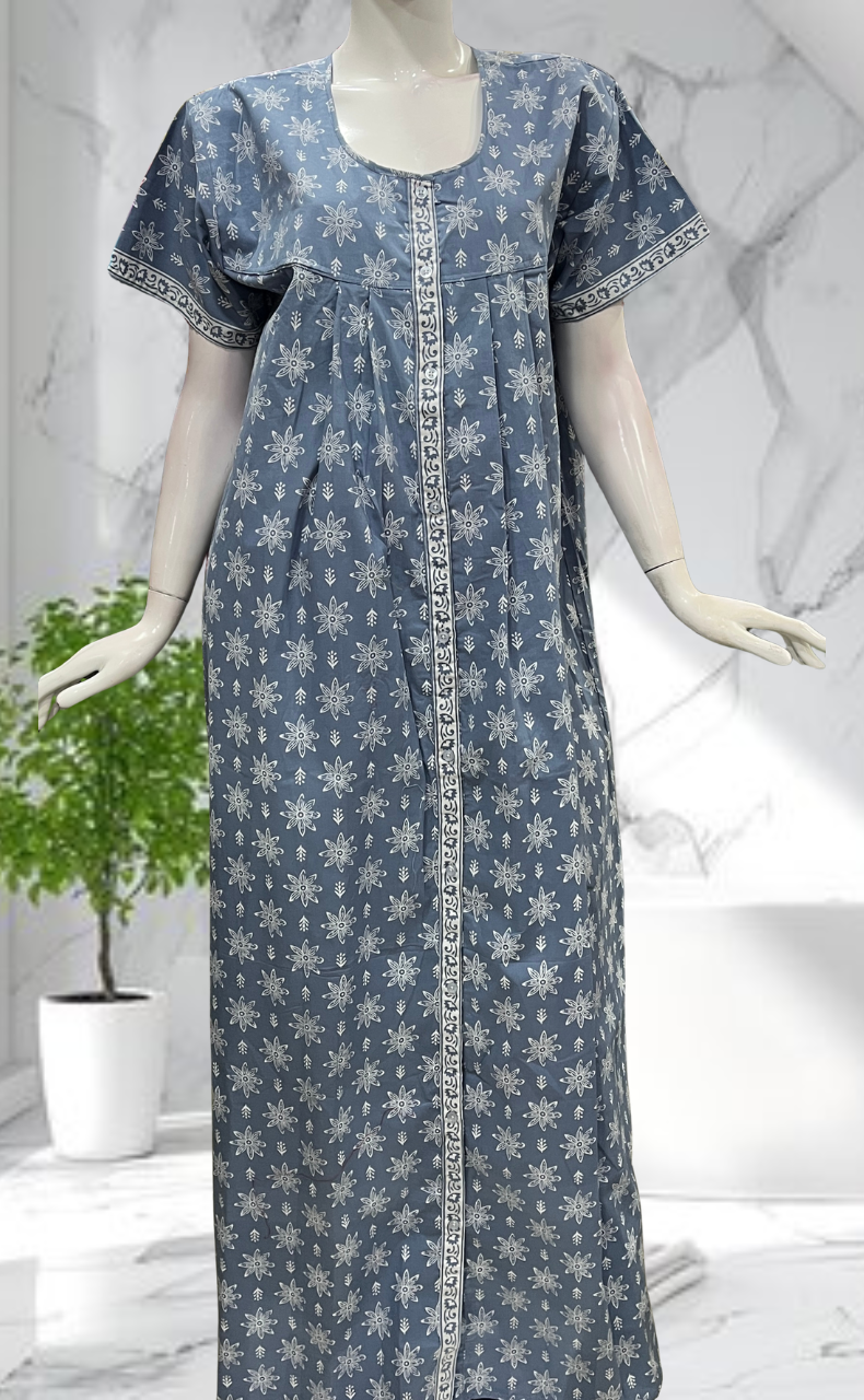 Light Blue Floral Full Open Pure Cotton Nighty. Pure Cotton | Laces and Frills