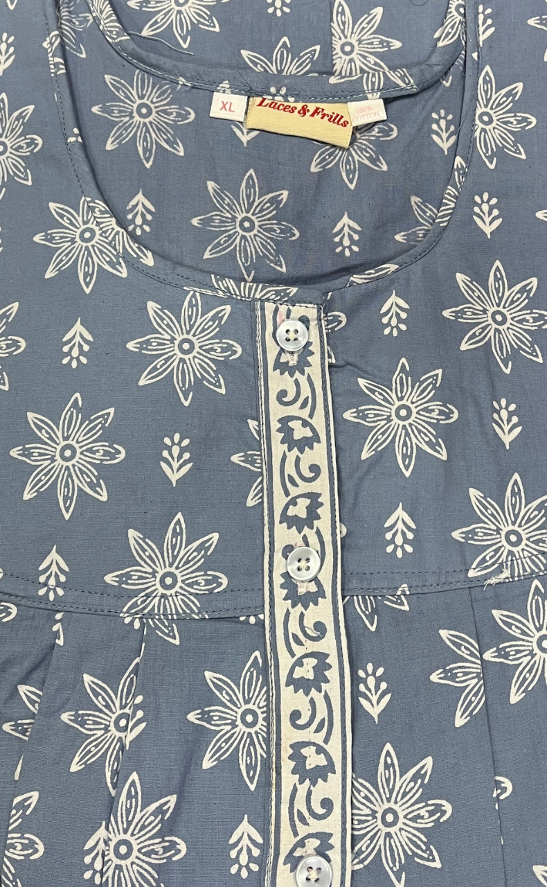 Light Blue Floral Full Open Pure Cotton Nighty. Pure Cotton | Laces and Frills