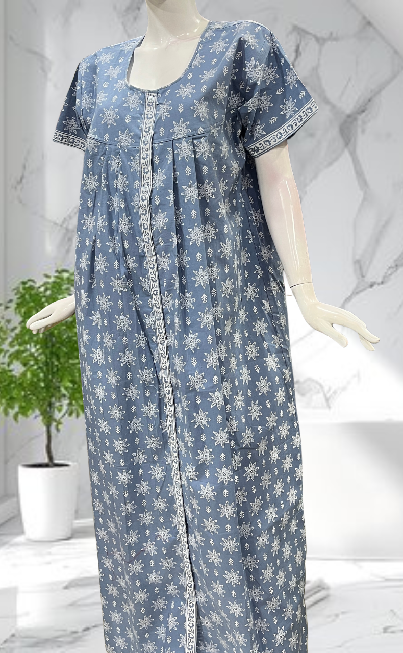 Light Blue Floral Full Open Pure Cotton Nighty. Pure Cotton | Laces and Frills
