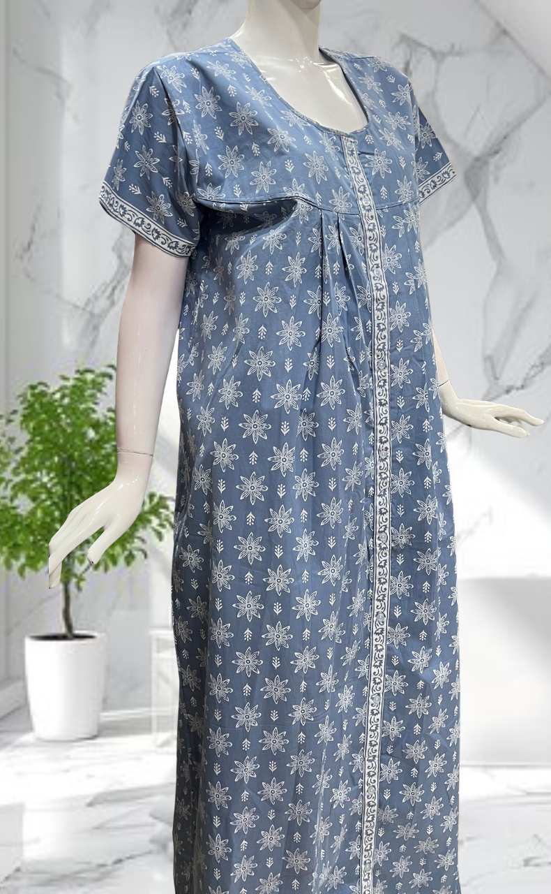 Light Blue Floral Full Open Pure Cotton Nighty. Pure Cotton | Laces and Frills