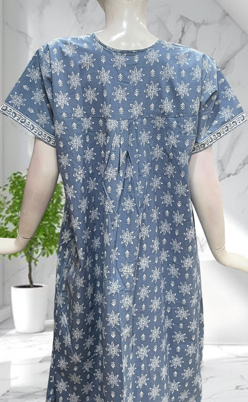 Light Blue Floral Full Open Pure Cotton Nighty. Pure Cotton | Laces and Frills
