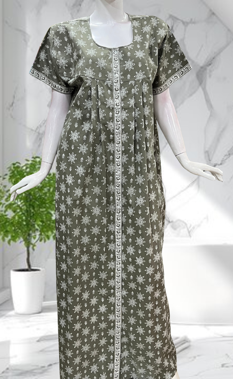 Beige Floral Full Open Pure Cotton Nighty. Pure Cotton | Laces and Frills