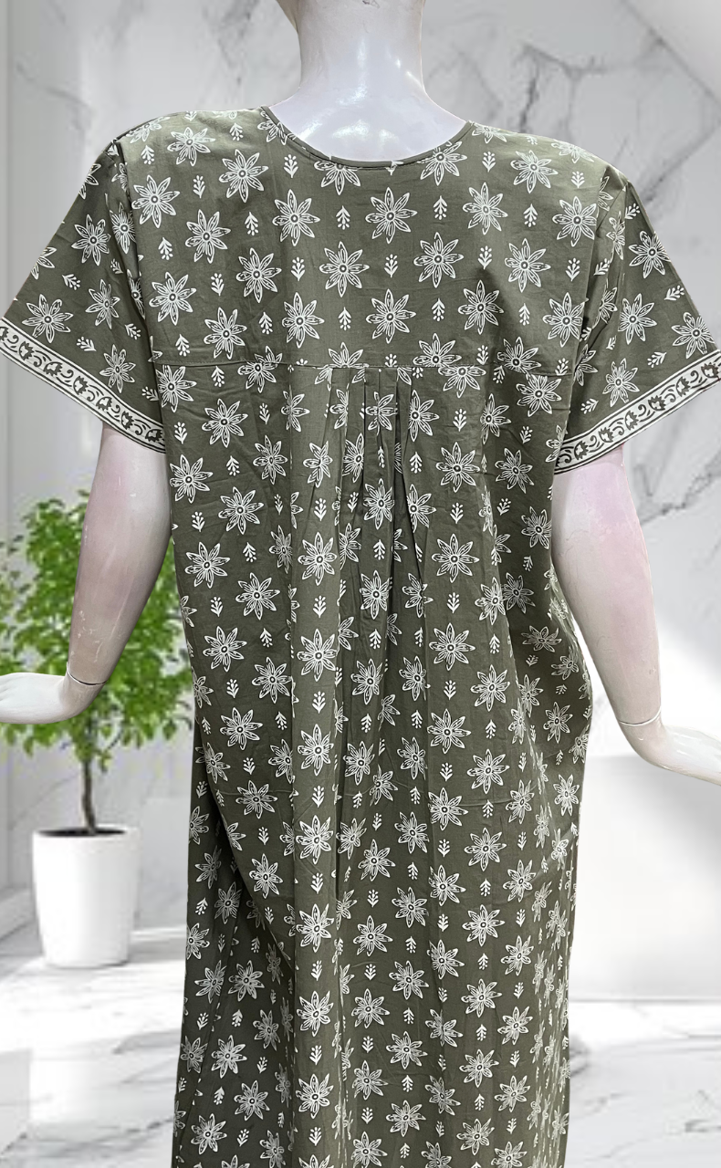 Beige Floral Full Open Pure Cotton Nighty. Pure Cotton | Laces and Frills