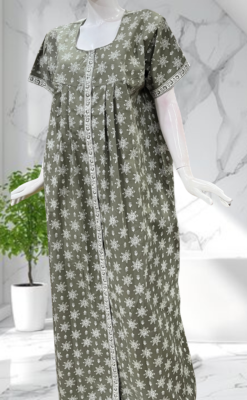 Beige Floral Full Open Pure Cotton Nighty. Pure Cotton | Laces and Frills