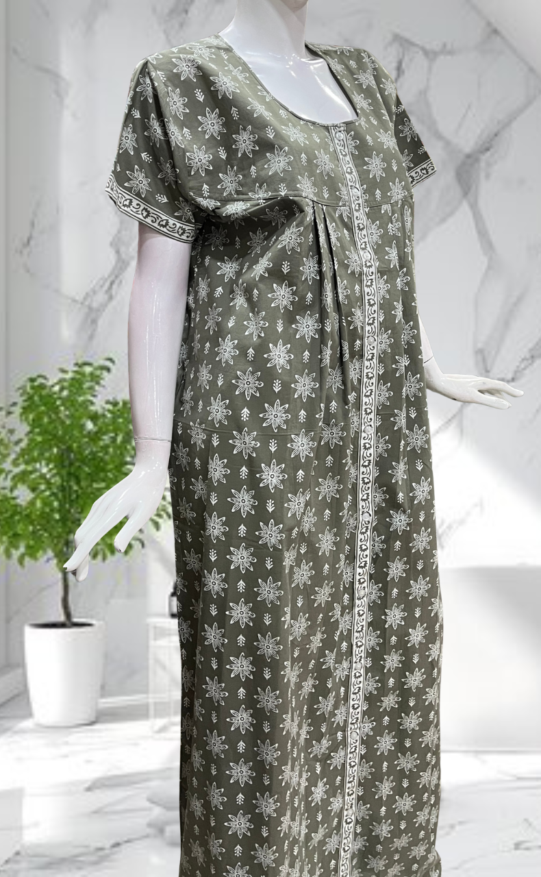 Beige Floral Full Open Pure Cotton Nighty. Pure Cotton | Laces and Frills