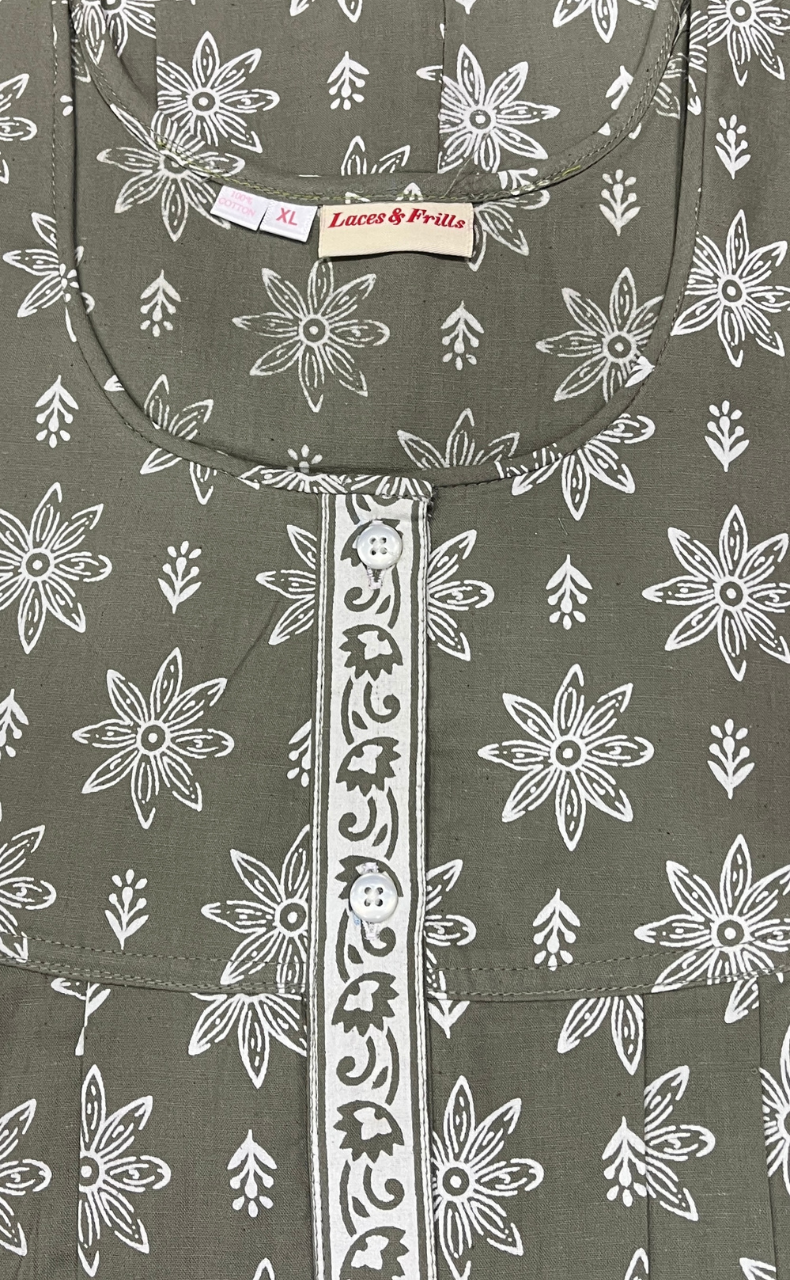 Beige Floral Full Open Pure Cotton Nighty. Pure Cotton | Laces and Frills
