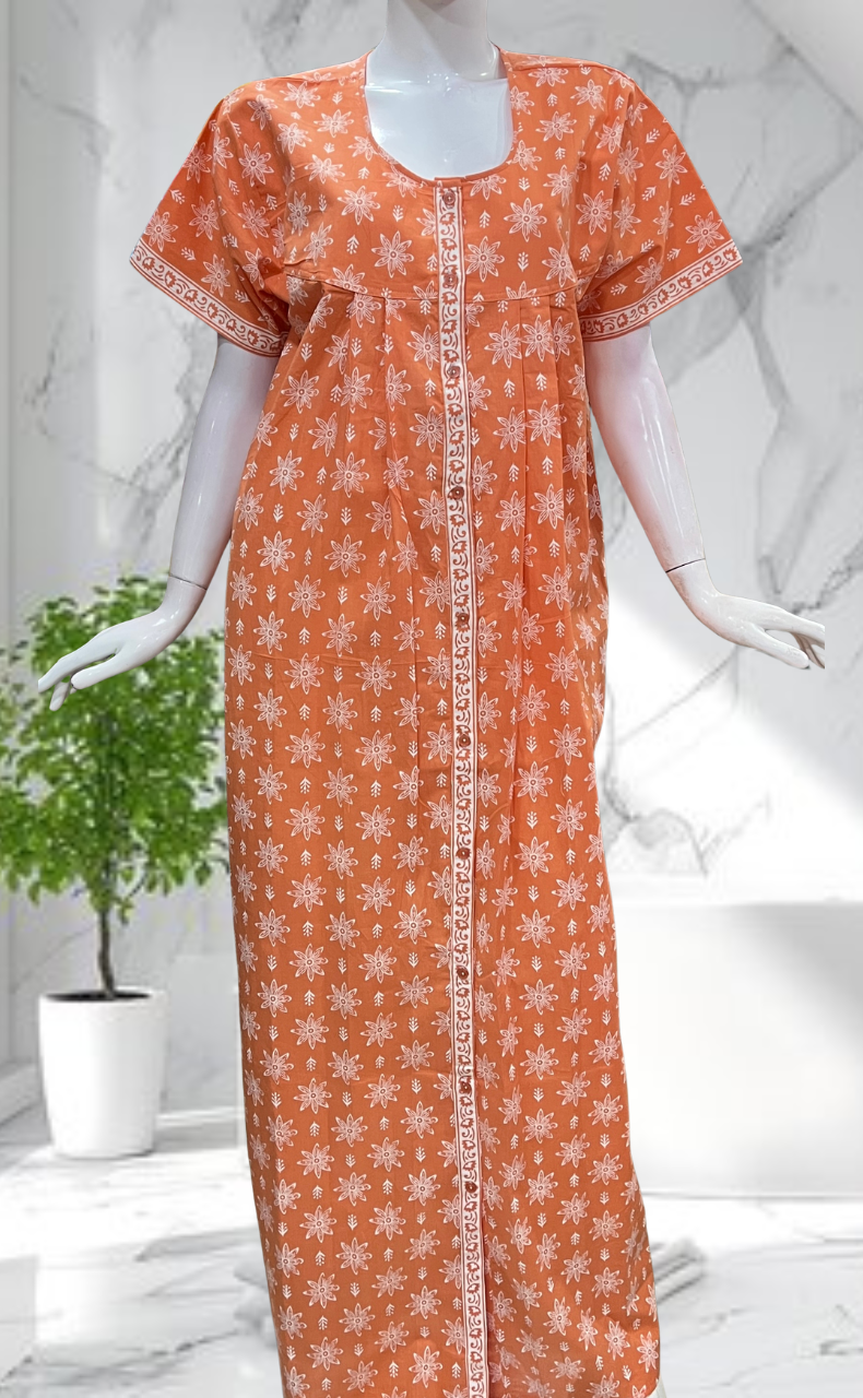 Peach Floral Full Open Pure Cotton Nighty. Pure Cotton | Laces and Frills