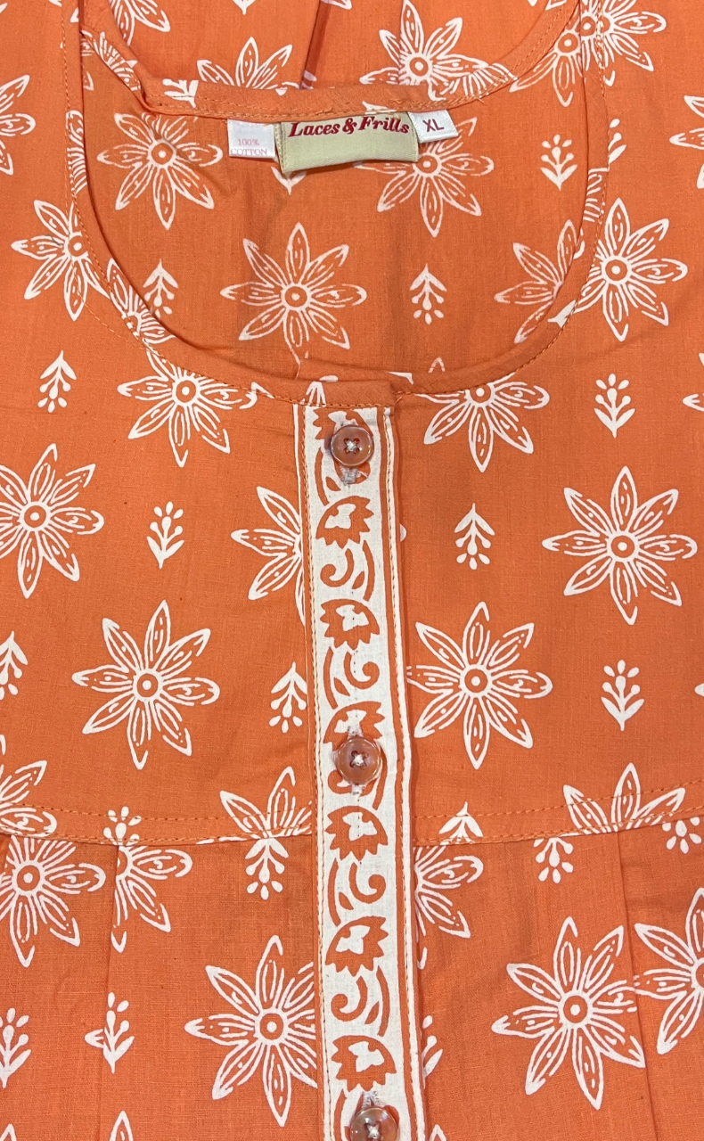 Peach Floral Full Open Pure Cotton Nighty. Pure Cotton | Laces and Frills