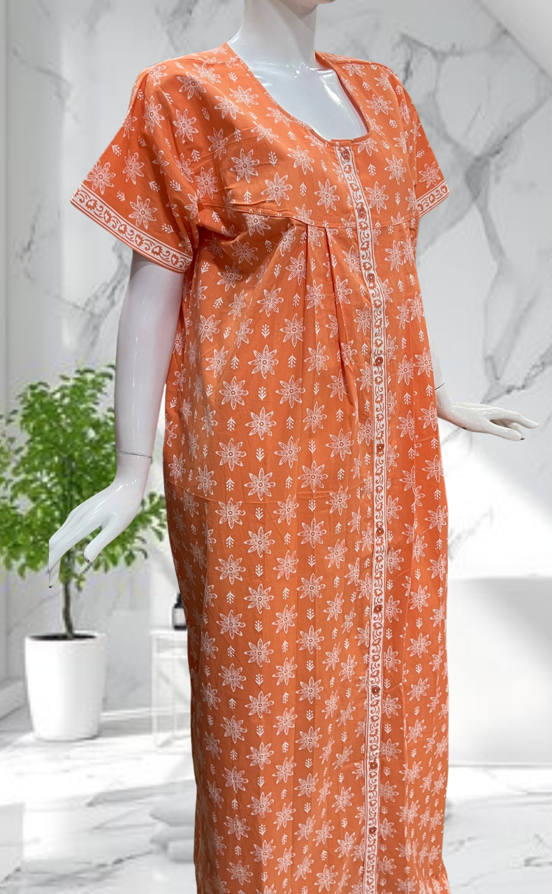 Peach Floral Full Open Pure Cotton Nighty. Pure Cotton | Laces and Frills