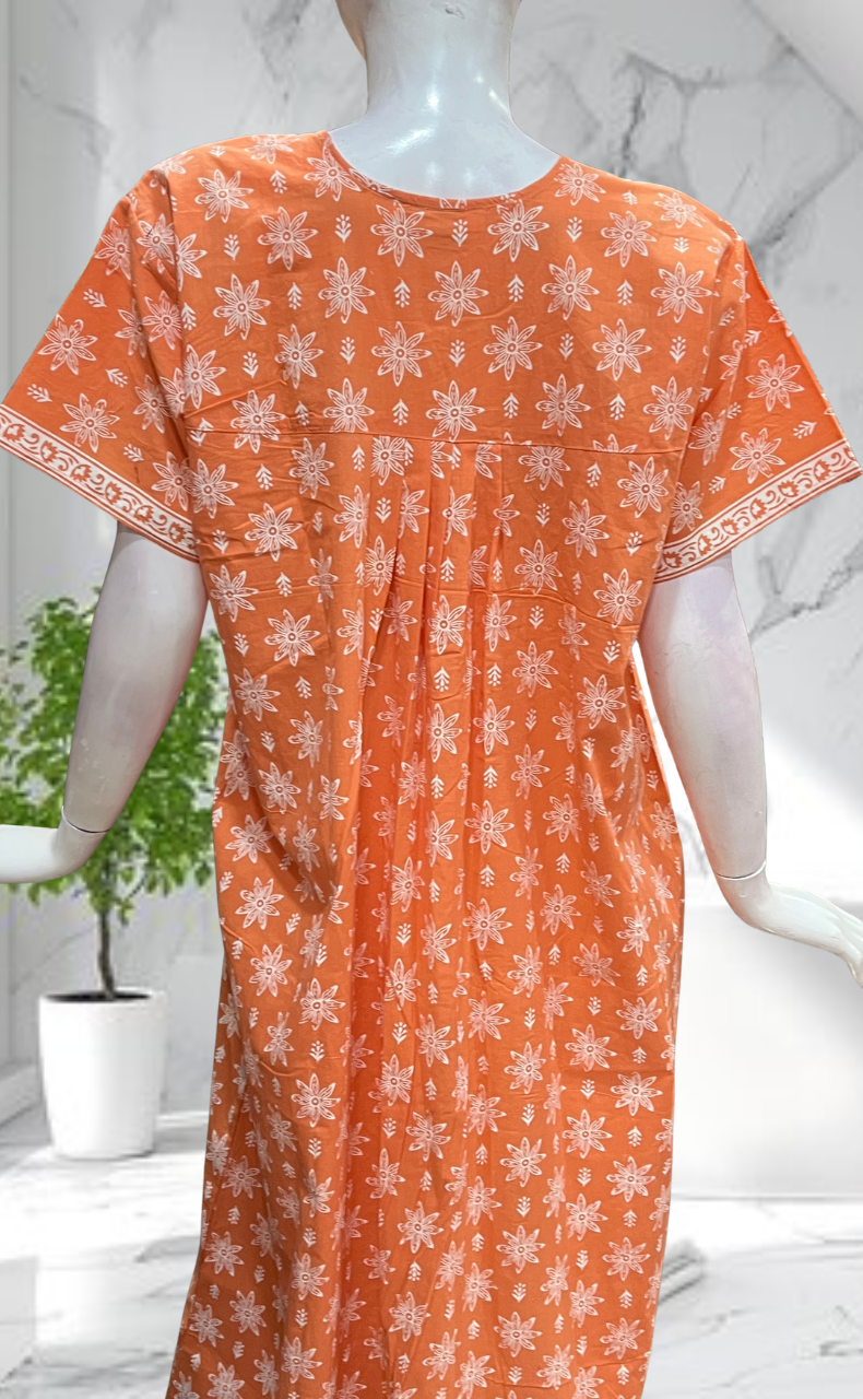 Peach Floral Full Open Pure Cotton Nighty. Pure Cotton | Laces and Frills