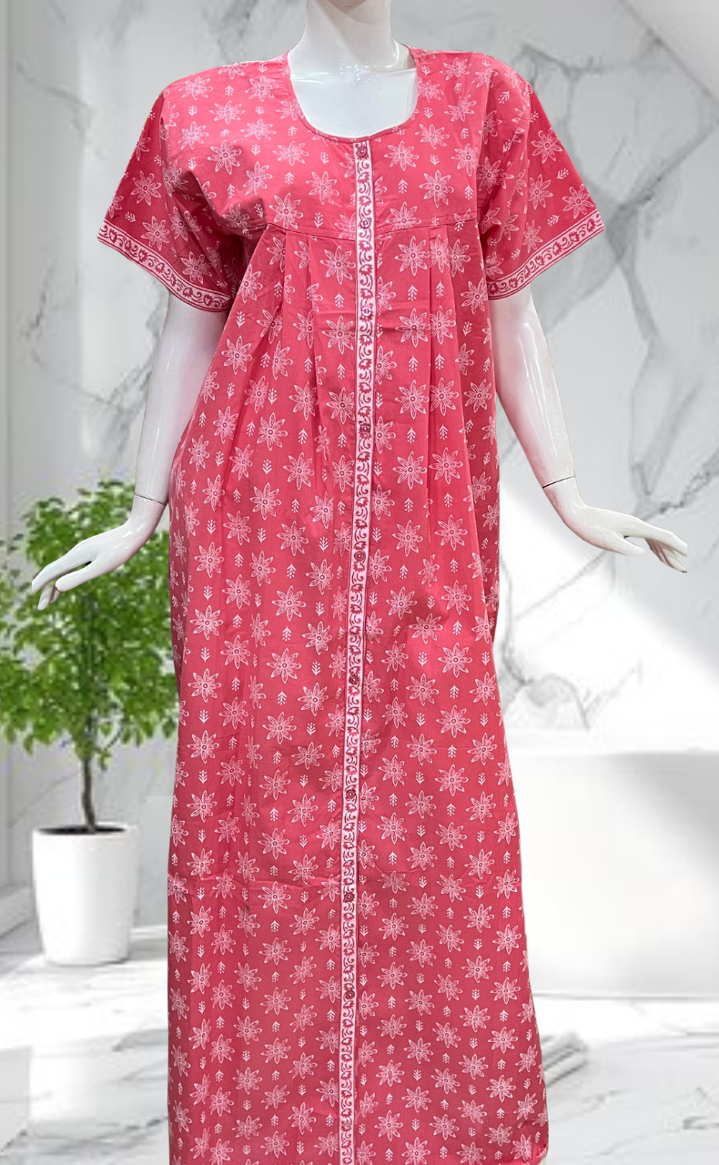 Pink Floral Full Open Pure Cotton Nighty. Pure Cotton | Laces and Frills